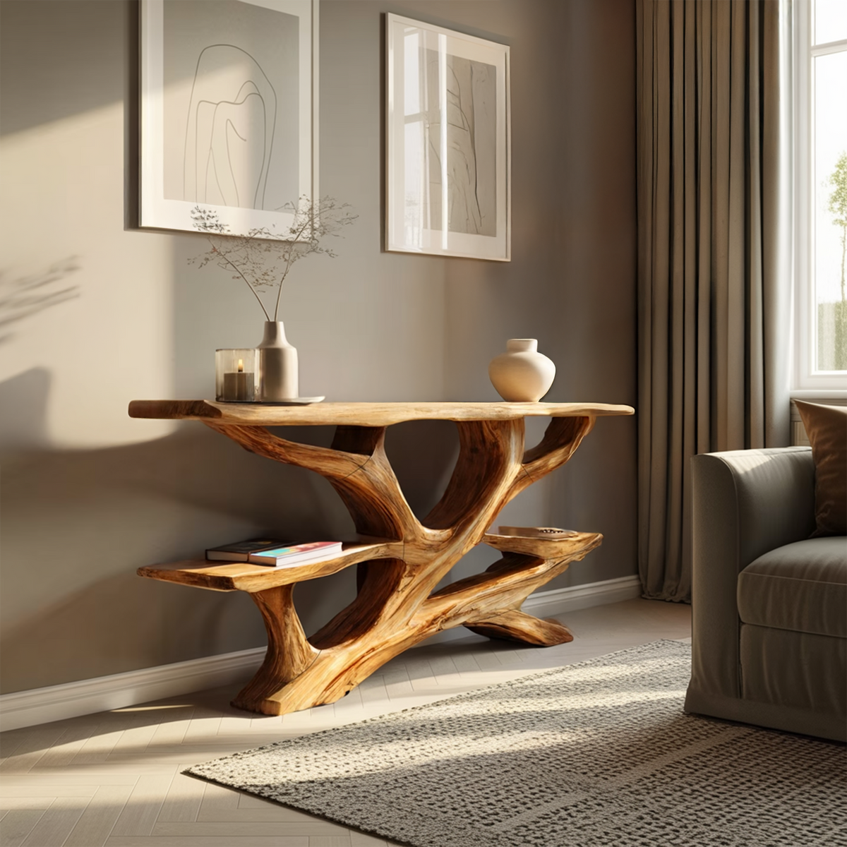 Handcrafted Wooden Live Edge Console Table, Solid Wood Entryway Accent Table with Metal Legs for Luxury Living Room Hallway, SILDTTNCS047