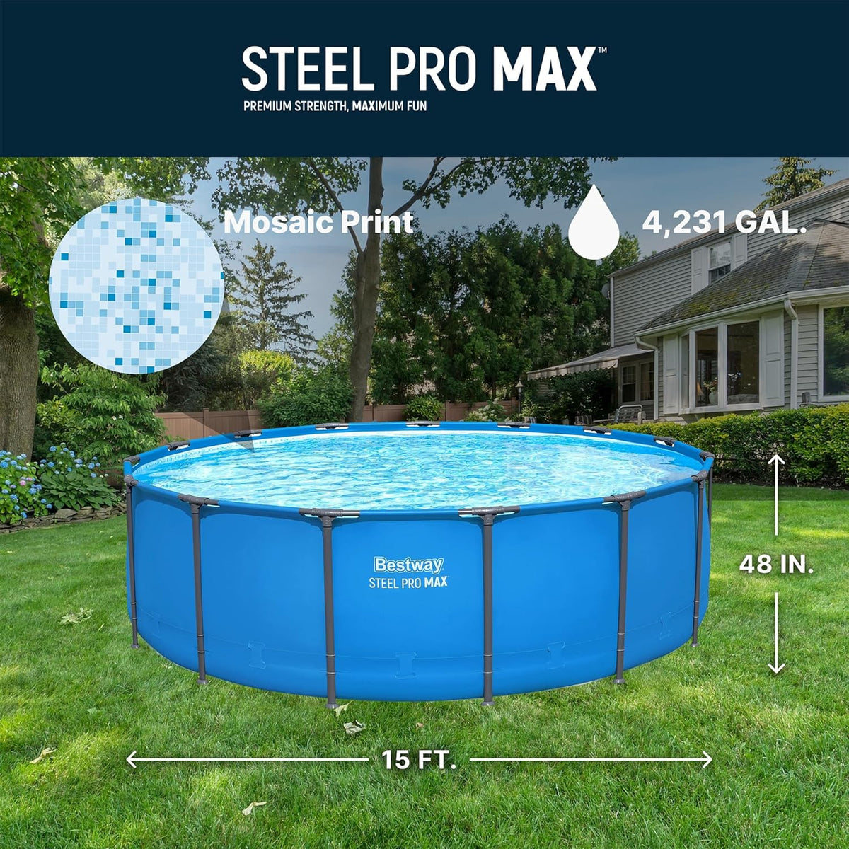 Bestway Steel Pro MAX Round Above Ground Pool, 15 ft x 48 in, Blue - Steel Pro MAX