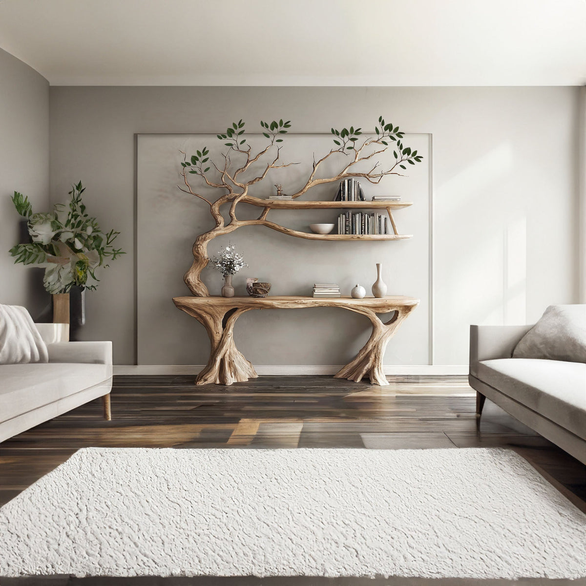 Console Narrow Table With Tree Branch Bookshelf SINLCS036