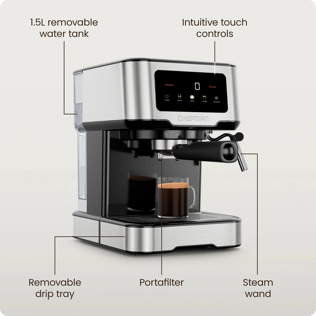 Chefman CraftBrew Espresso Machine With Steam Wand, Touch Controls, Stainless Steel - RJ54-SS-15-D
