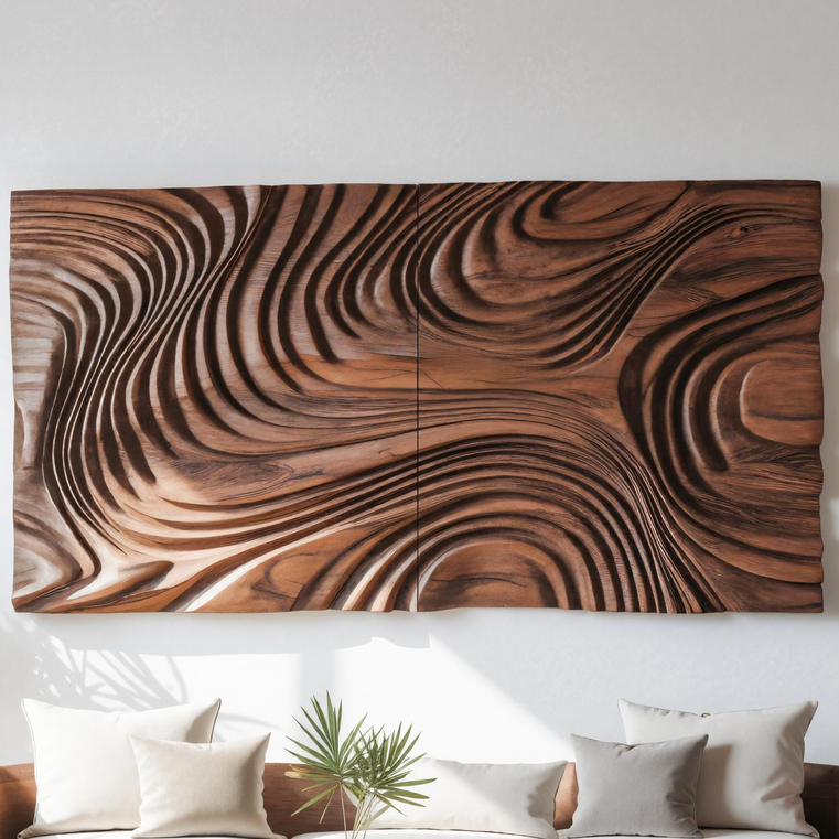 Abstract Sculptural Wood Wall Art With Carved Wave Patterns For Living Room Or Bedroom SITHTTWA003