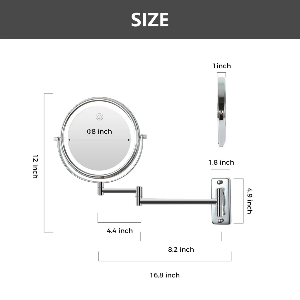 8 Inch Round Wall-Mounted Makeup Mirror, Rechargeable, 1X/10X Magnification, 3-Color LED Lights