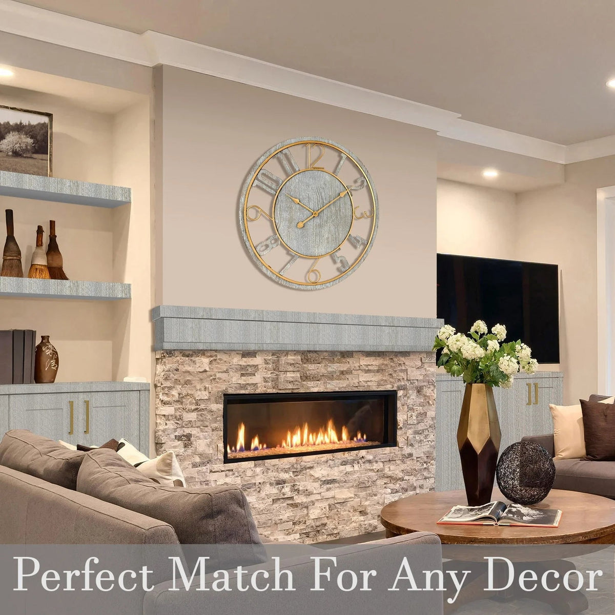 24 Inch Round Wooden Wall Clock With Numeral Design - Battery Operated