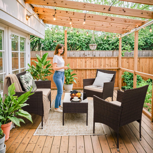 4-Piece Outdoor Patio Furniture Set With Rattan Wicker Chairs, Loveseat And Glass-Top Table