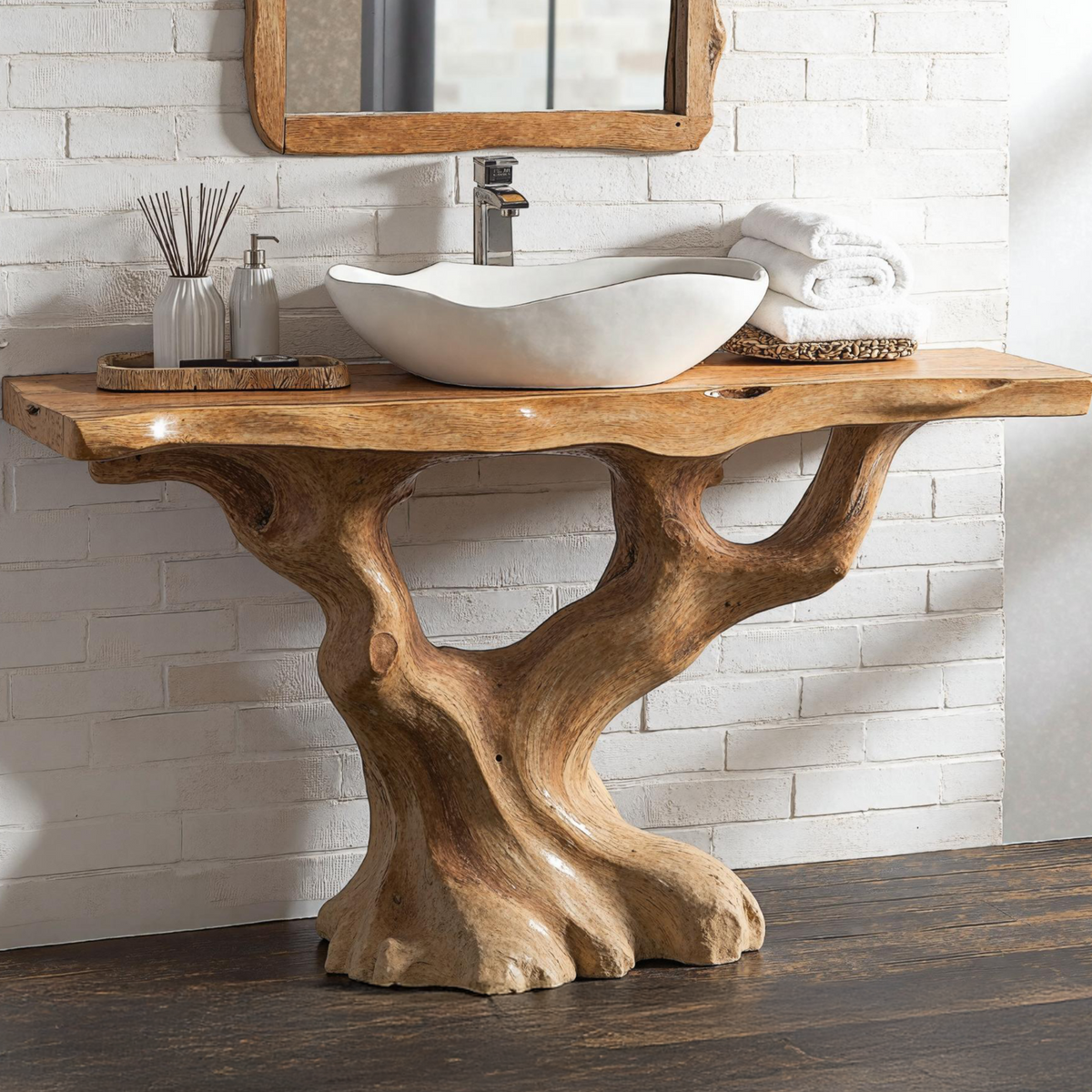 Handcrafted Wood Bathroom Vanity With Tree Trunk Base For Rustic Charm SILDTBRV137