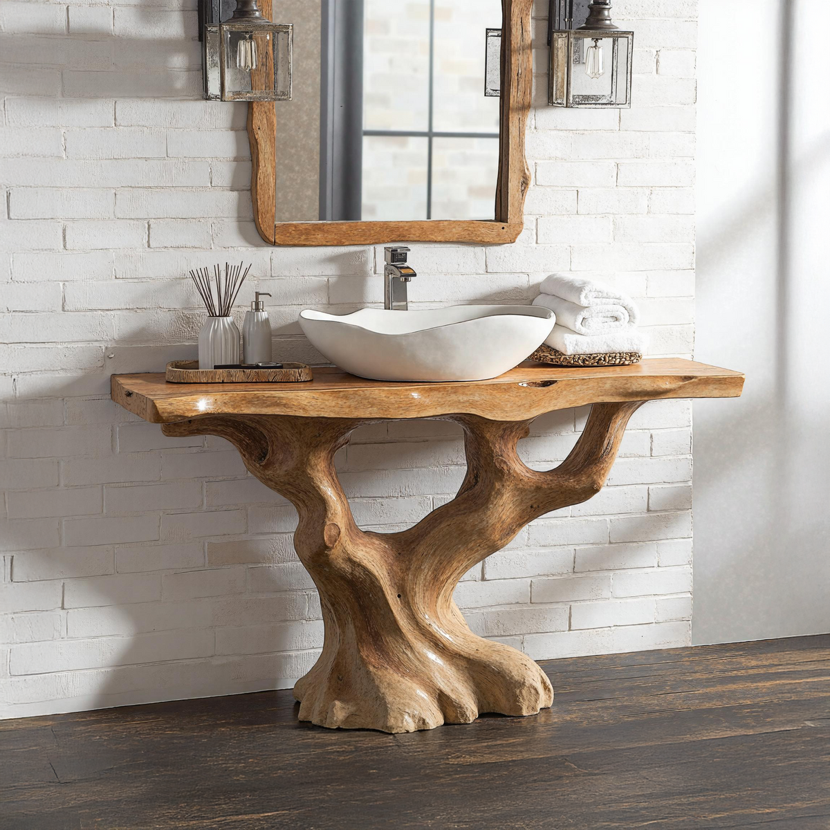 Handcrafted Wood Bathroom Vanity With Tree Trunk Base For Rustic Charm SILDTBRV137