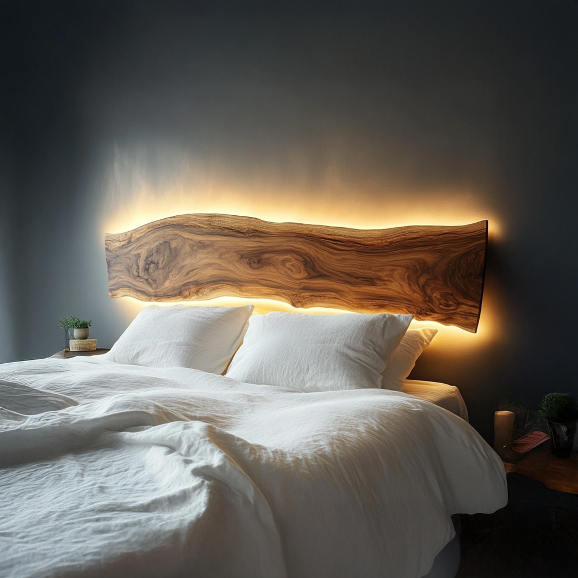 Live Edge Wooden Headboard Solid Wood Bedroom Interior Backlit Design SINLSADH007