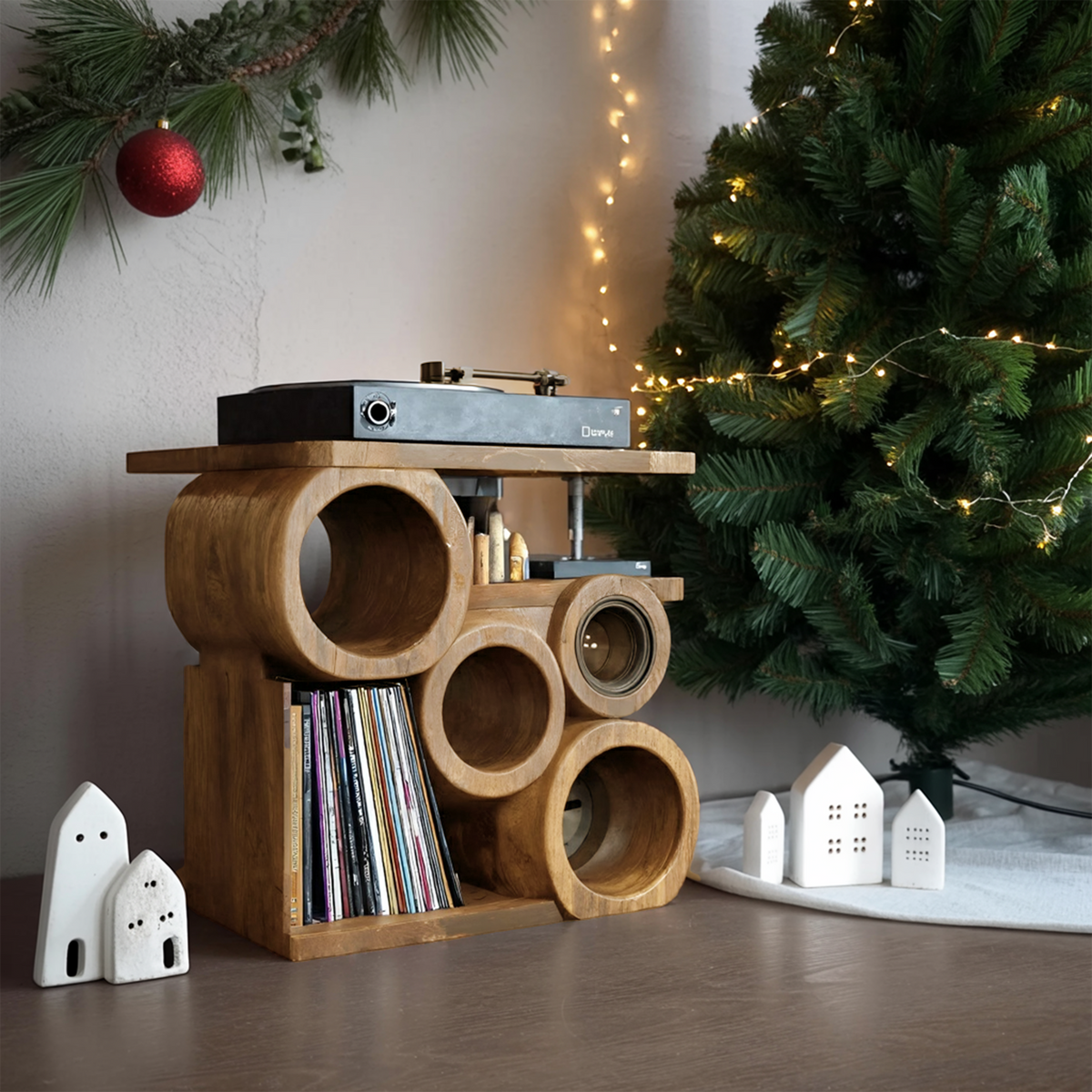 Farmhouse Solid Wood Record Stand, Handcrafted Vinyl Storage Organizer Rack, Music Lover Christmas Gift for Cozy Living Room, SILDTTNCRS010