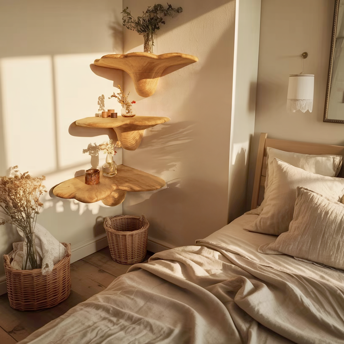 Handcrafted Solid Wood Mushroom Shelf For Bedroom Interior Decor SILDTTNCMS012