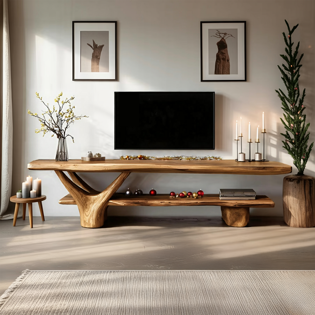 Handcrafted Wooden Live Edge TV Console, Solid Wood Media Stand Entertainment Center for Modern Living Room & Entryway Decor, SILDTTNCTV011