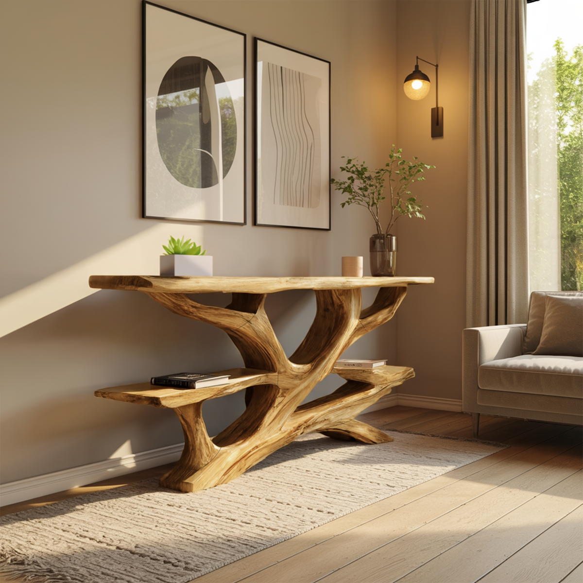 Handcrafted Wooden Live Edge Console Table, Solid Wood Entryway Accent Table with Metal Legs for Luxury Living Room Hallway, SILDTTNCS047