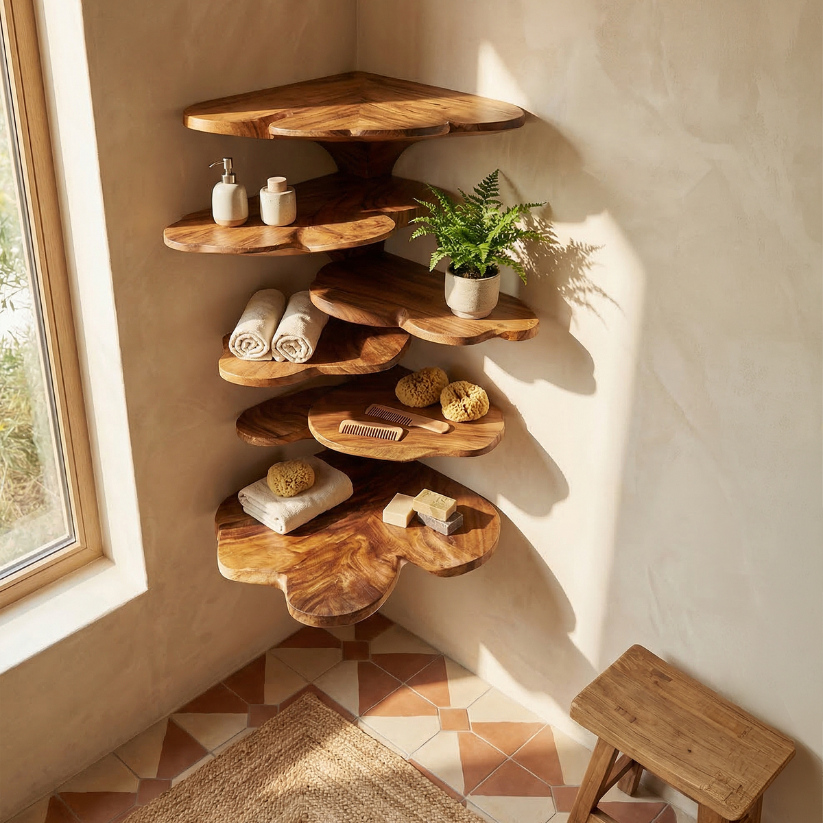 Boho Leaf Shaped Wooden Corner Shelf, Handcrafted Floating Tiered Wall Mounted Display Rack for Kids Nursery & Bedroom Decor, SILDTTRCLS006