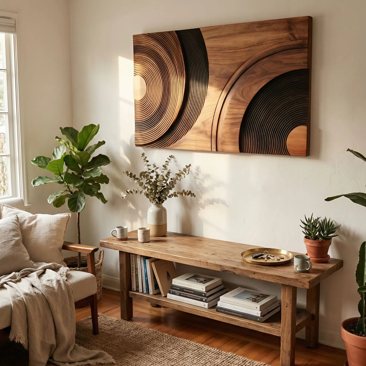 Mid Century Abstract Wood Wall Decor, Handcrafted Geometric Wooden Sculpture Panel for Modern Living Room & Entryway Accent, SILDTTNWA062