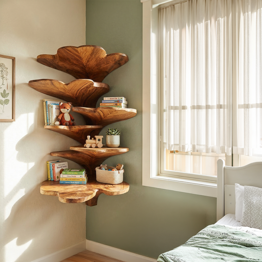 Boho Leaf Shaped Wooden Corner Shelf, Handcrafted Floating Tiered Wall Mounted Display Rack for Kids Nursery & Bedroom Decor, SILDTTRCLS006