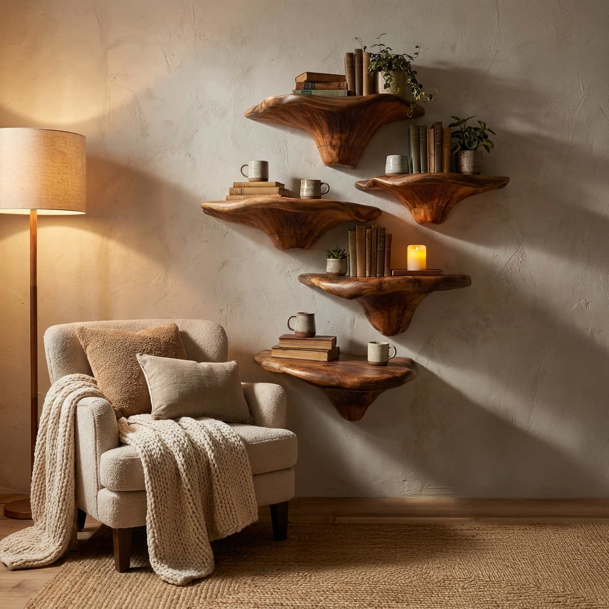 Handcrafted Wooden Live Edge Mushroom Shelf For Furniture Decor SILDTTRMR007
