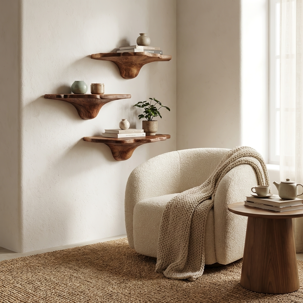 Handcrafted Wooden Mushroom Shelf For Artistic Living Room Decor SILDTTNMR007
