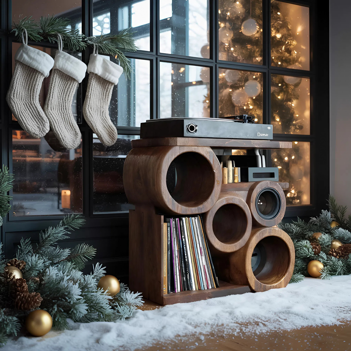 Farmhouse Solid Wood Record Stand, Handcrafted Vinyl Storage Organizer Rack, Music Lover Christmas Gift for Cozy Living Room, SILDTTNCRS010