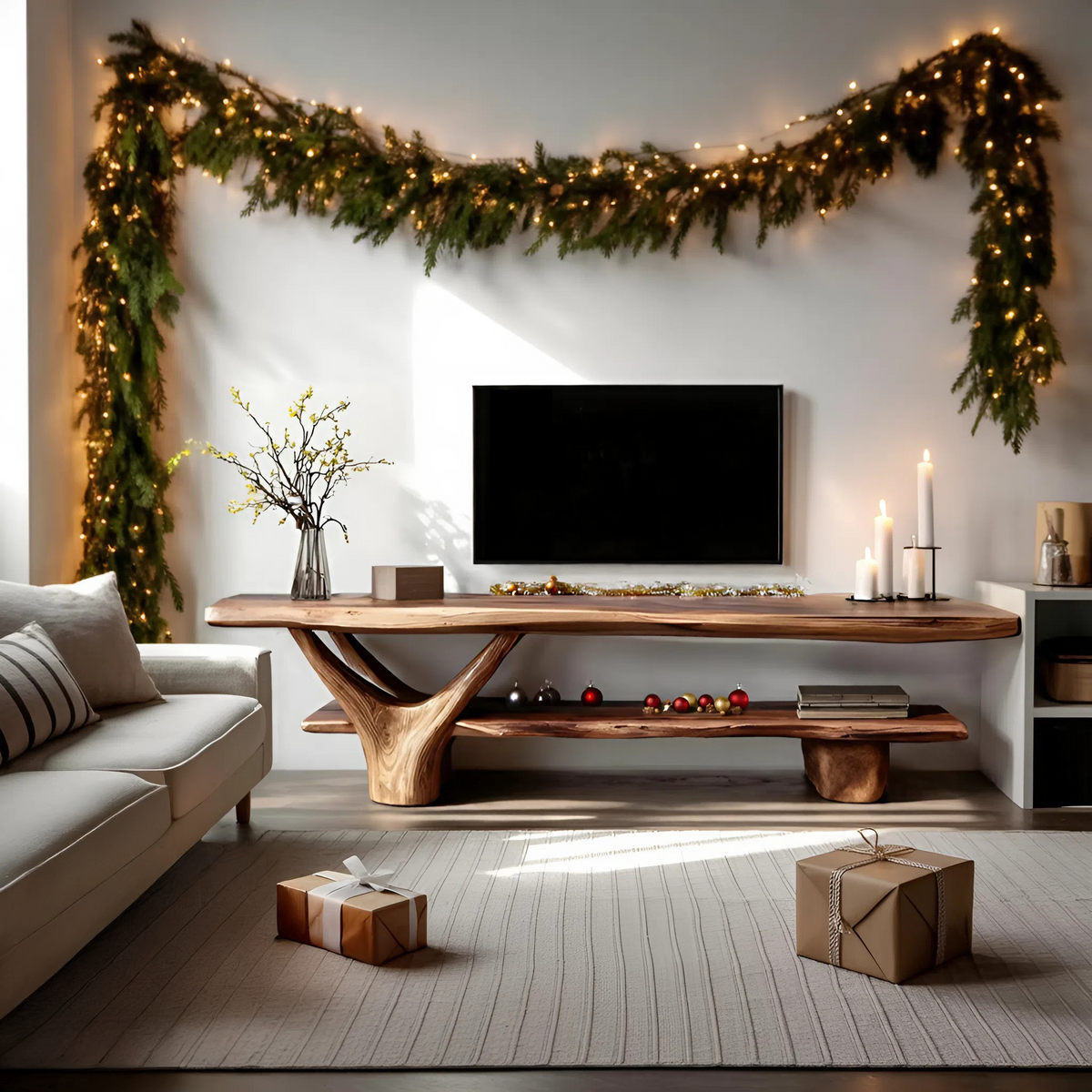 Handcrafted Wooden Live Edge TV Console, Solid Wood Media Stand Entertainment Center for Modern Living Room & Entryway Decor, SILDTTNCTV011