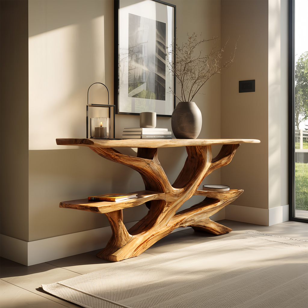 Handcrafted Wooden Live Edge Console Table, Solid Wood Entryway Accent Table with Metal Legs for Luxury Living Room Hallway, SILDTTNCS047
