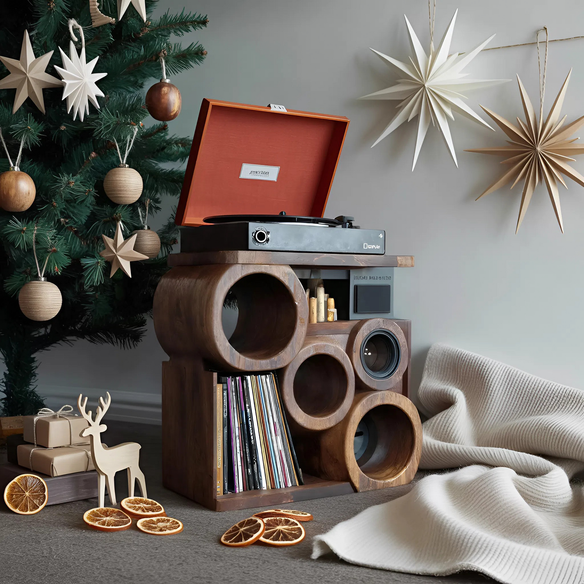 Farmhouse Solid Wood Record Stand, Handcrafted Vinyl Storage Organizer Rack, Music Lover Christmas Gift for Cozy Living Room, SILDTTNCRS010