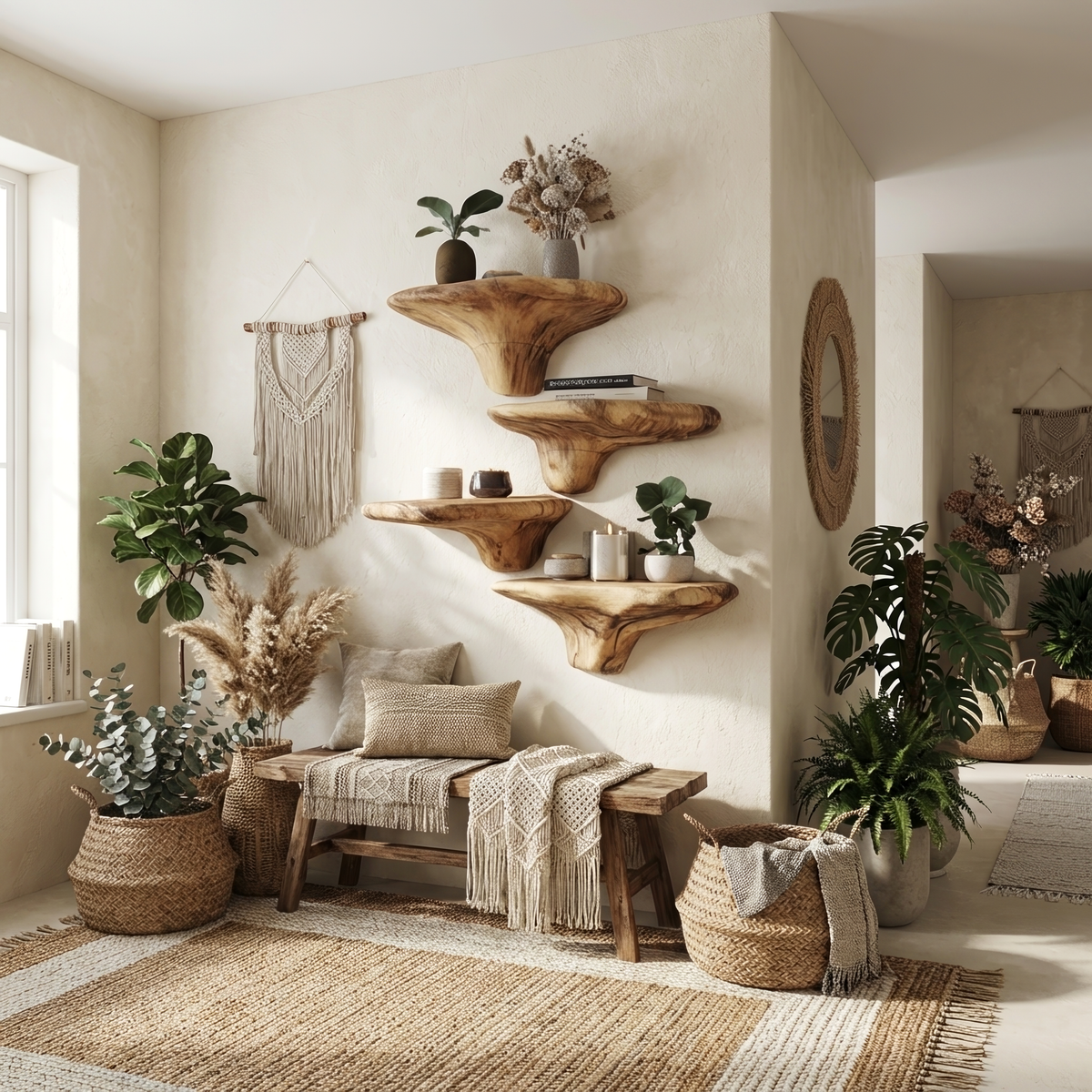 Farmhouse Solid Wood Mushroom Shelf For Entryway Wall Design SILDTTRMR014