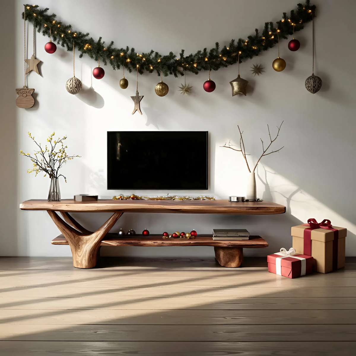 Handcrafted Wooden Live Edge TV Console, Solid Wood Media Stand Entertainment Center for Modern Living Room & Entryway Decor, SILDTTNCTV011