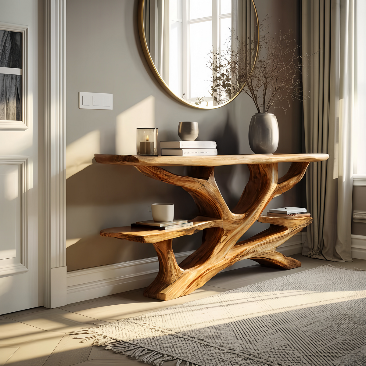 Handcrafted Wooden Live Edge Console Table, Solid Wood Entryway Accent Table with Metal Legs for Luxury Living Room Hallway, SILDTTNCS047