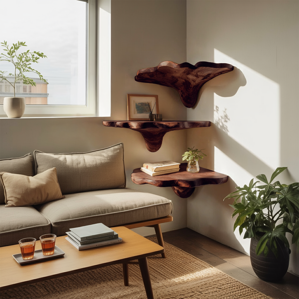 Handcrafted Wooden Live Edge Mushroom Shelf For Entryway Design SILDTTNCMS003