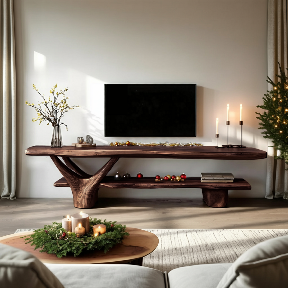Handcrafted Wooden Live Edge TV Console, Solid Wood Media Stand Entertainment Center for Modern Living Room & Entryway Decor, SILDTTNCTV011