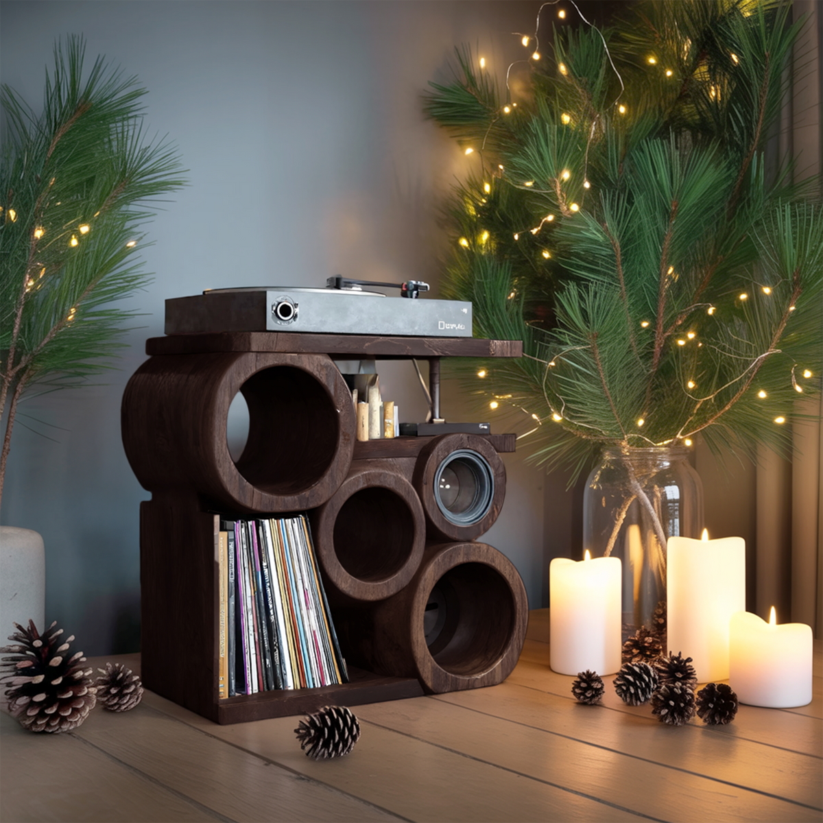 Farmhouse Solid Wood Record Stand, Handcrafted Vinyl Storage Organizer Rack, Music Lover Christmas Gift for Cozy Living Room, SILDTTNCRS010