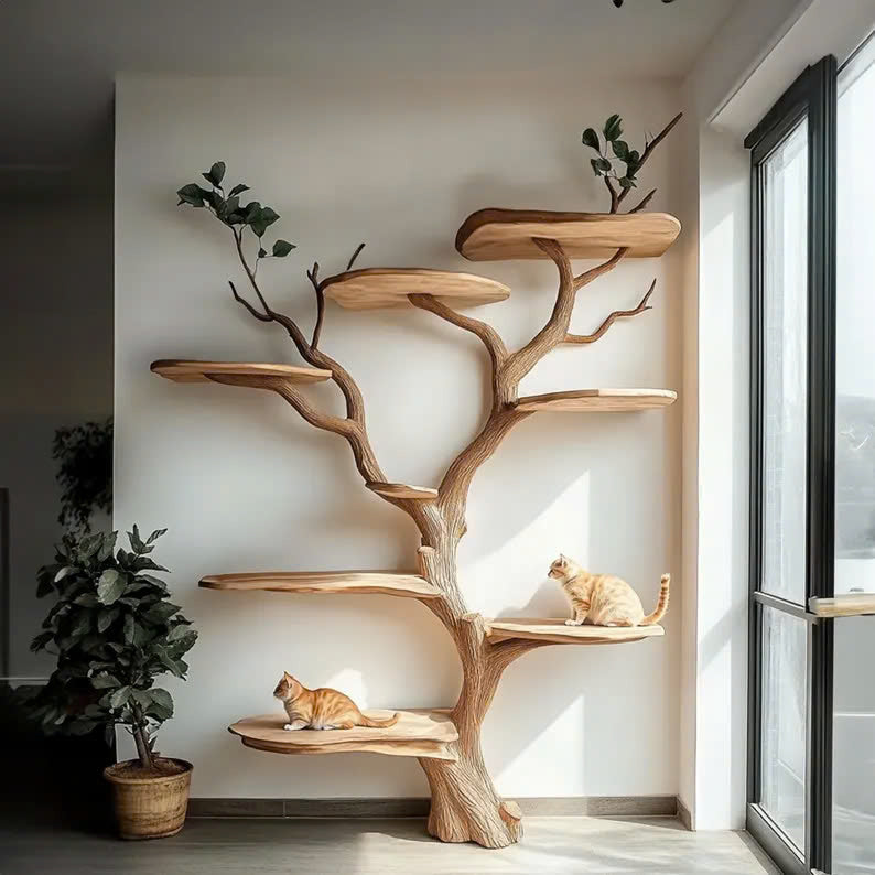 Handmade Wooden Cat Tree Modern Large Climbing Tree Unique SINLTT013